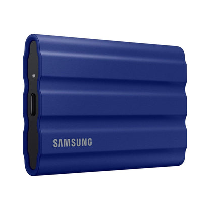 Samsung T7 Shield 1TB portable SSD in blue protective case, side port and logo