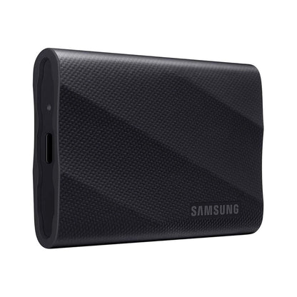 Black Samsung 1TB USB 3.3 T9 portable external SSD with textured grip and side ports