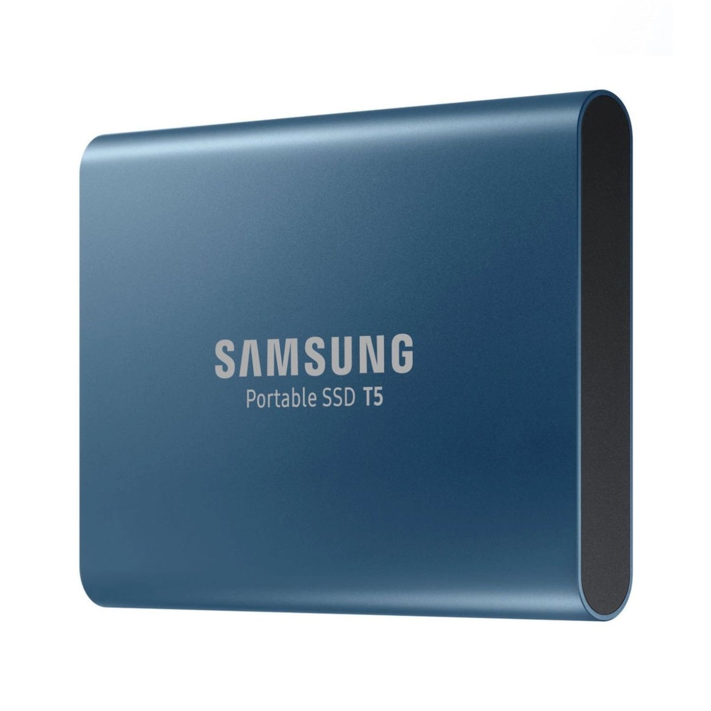 Blue Samsung T5 Portable SSD 500GB, side profile with dark end cap