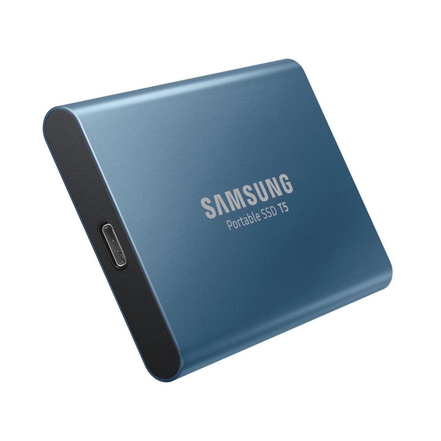 Blue Samsung T5 Portable SSD 500GB, side shows USB-C port
