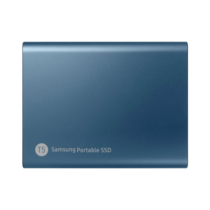 Blue Samsung T5 Portable SSD 500GB, back with “T5 Samsung Portable SSD” text
