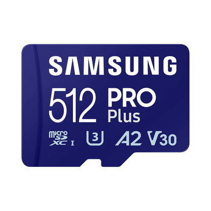 512GB PRO Plus microSD card, blue label with A2 and V30 ratings
