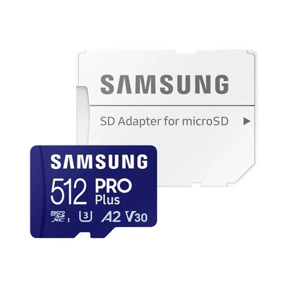 Samsung 512GB PRO Plus microSD card with SD adapter, printed blue and white label