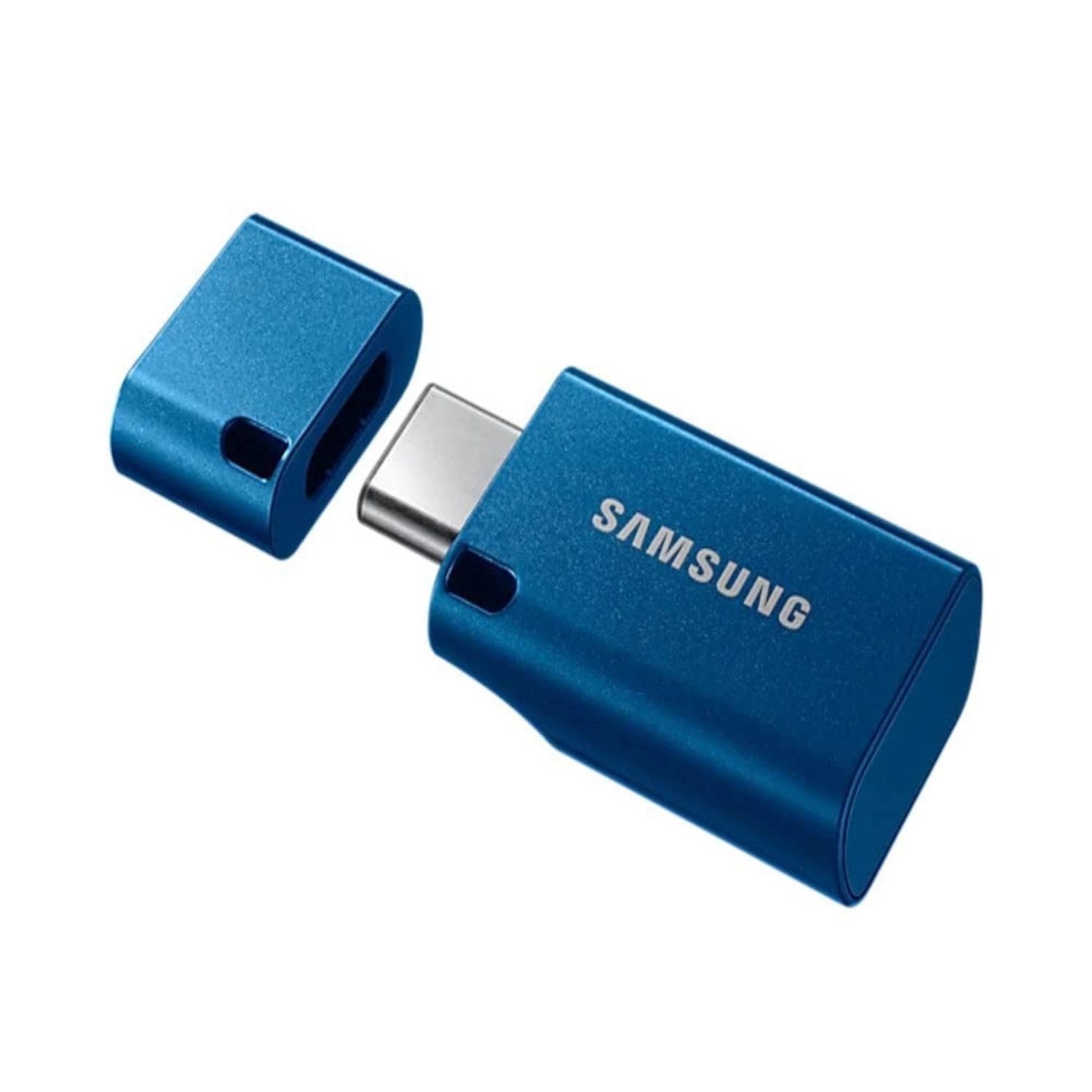 Blue USB‑C flash drive with Samsung logo and cap open