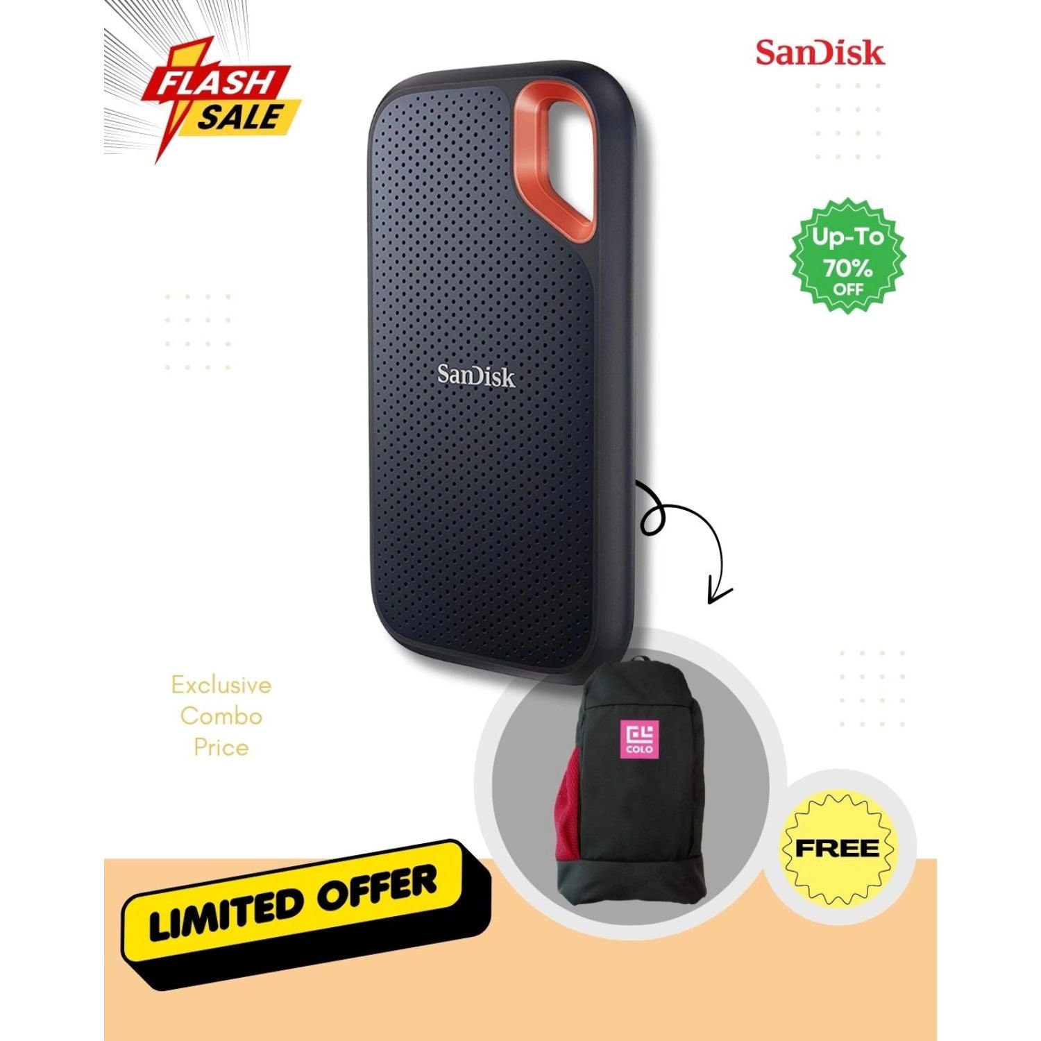 SanDisk 1 TB portable SSD in dark blue with orange strap handle
