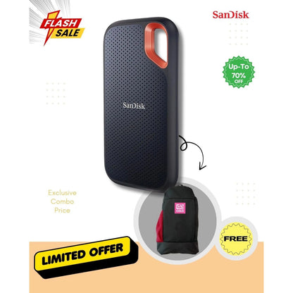 SanDisk 1 TB portable SSD in dark blue with orange strap handle