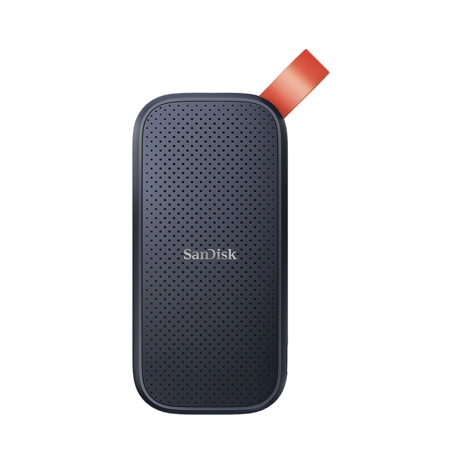 Dark portable SSD with perforated texture and orange cable loop