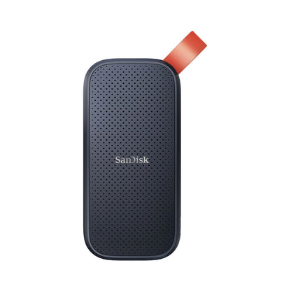 Dark portable SSD with perforated texture and orange cable loop
