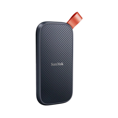 Dark portable SSD with orange strap and perforated surface, SanDisk logo