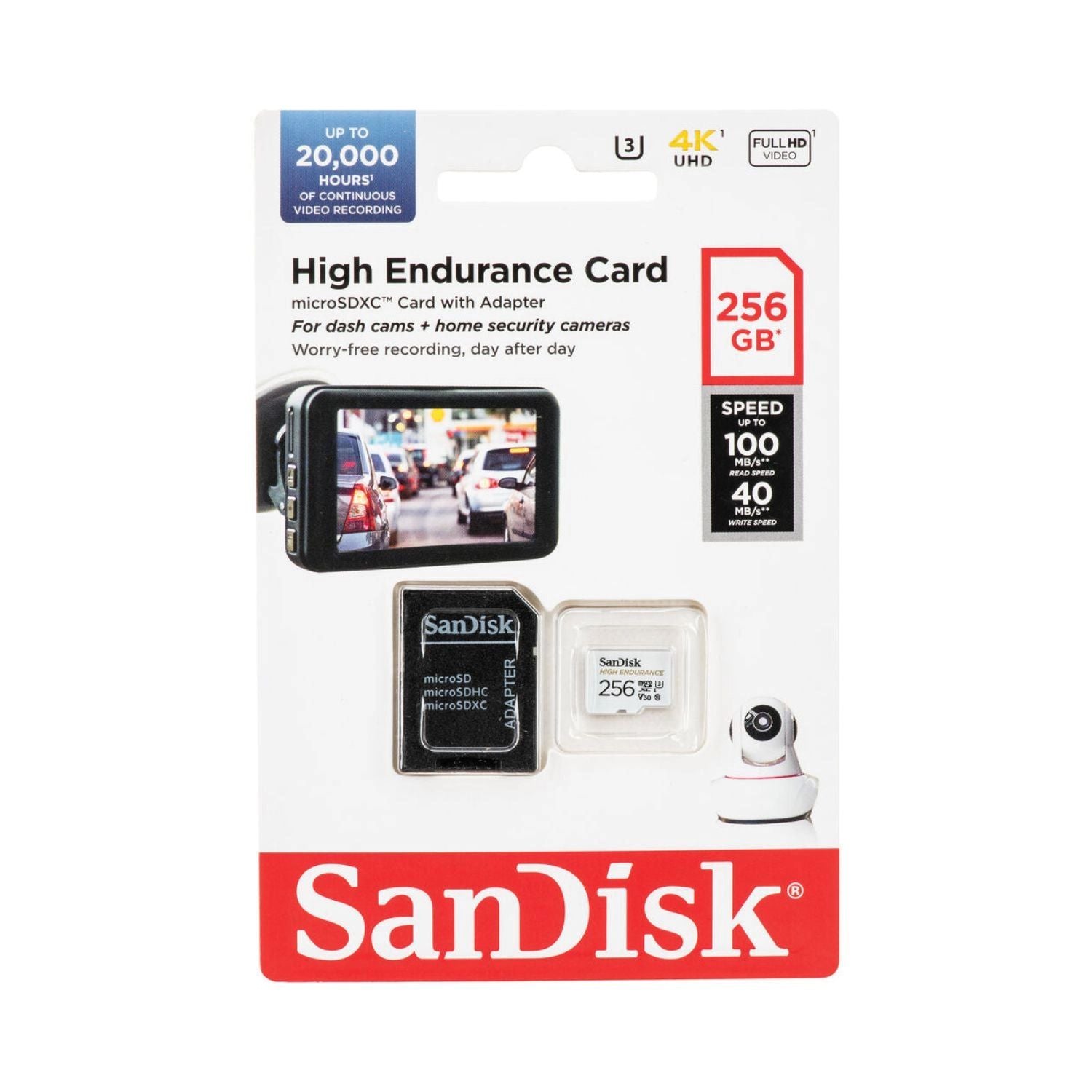 Retail package: SanDisk High Endurance 256GB microSDXC card with SD adapter