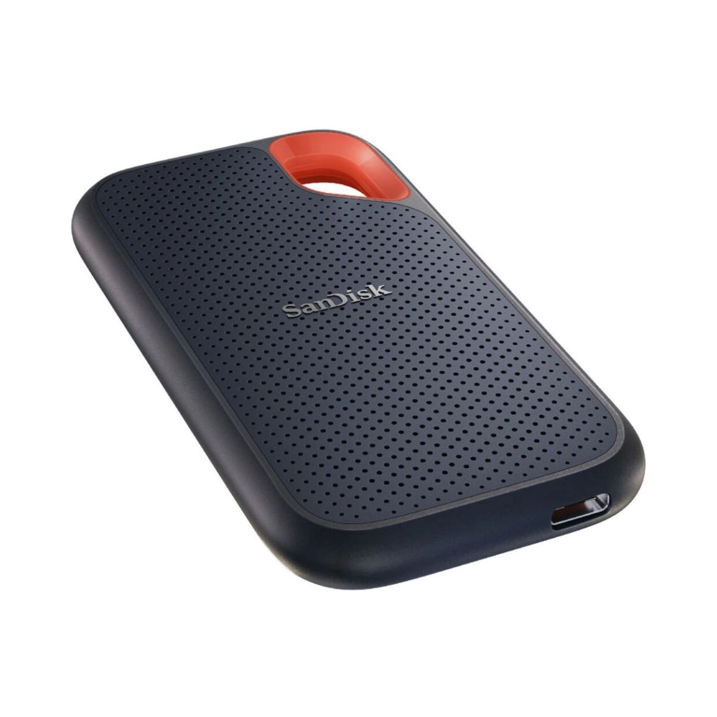 Extreme Portable SSD 2TB, schwarze Rückseite mit USB‑C‑Anschluss am Gehäuseboden