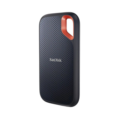 Portable SSD case with perforated dark shell and orange loop handle