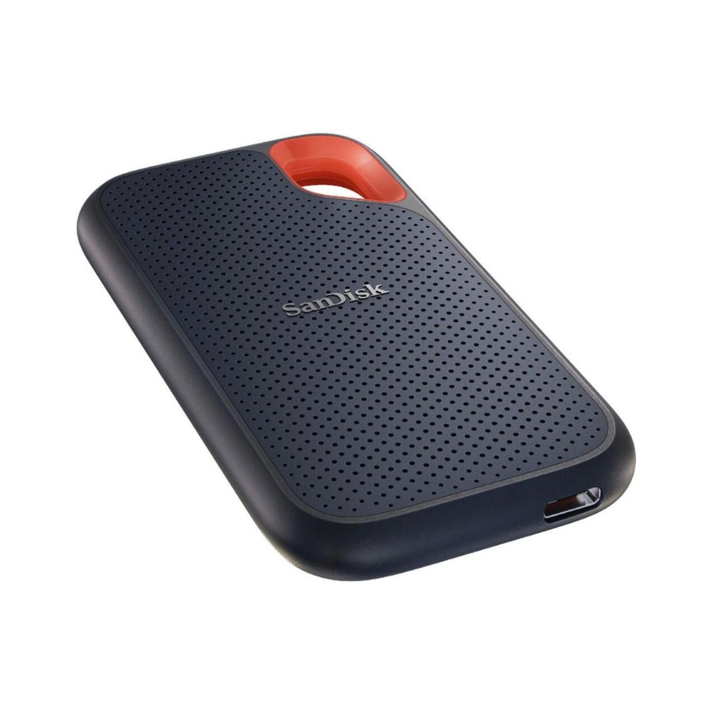Portable SSD front with orange handle, perforated dark cover, and USB-C port