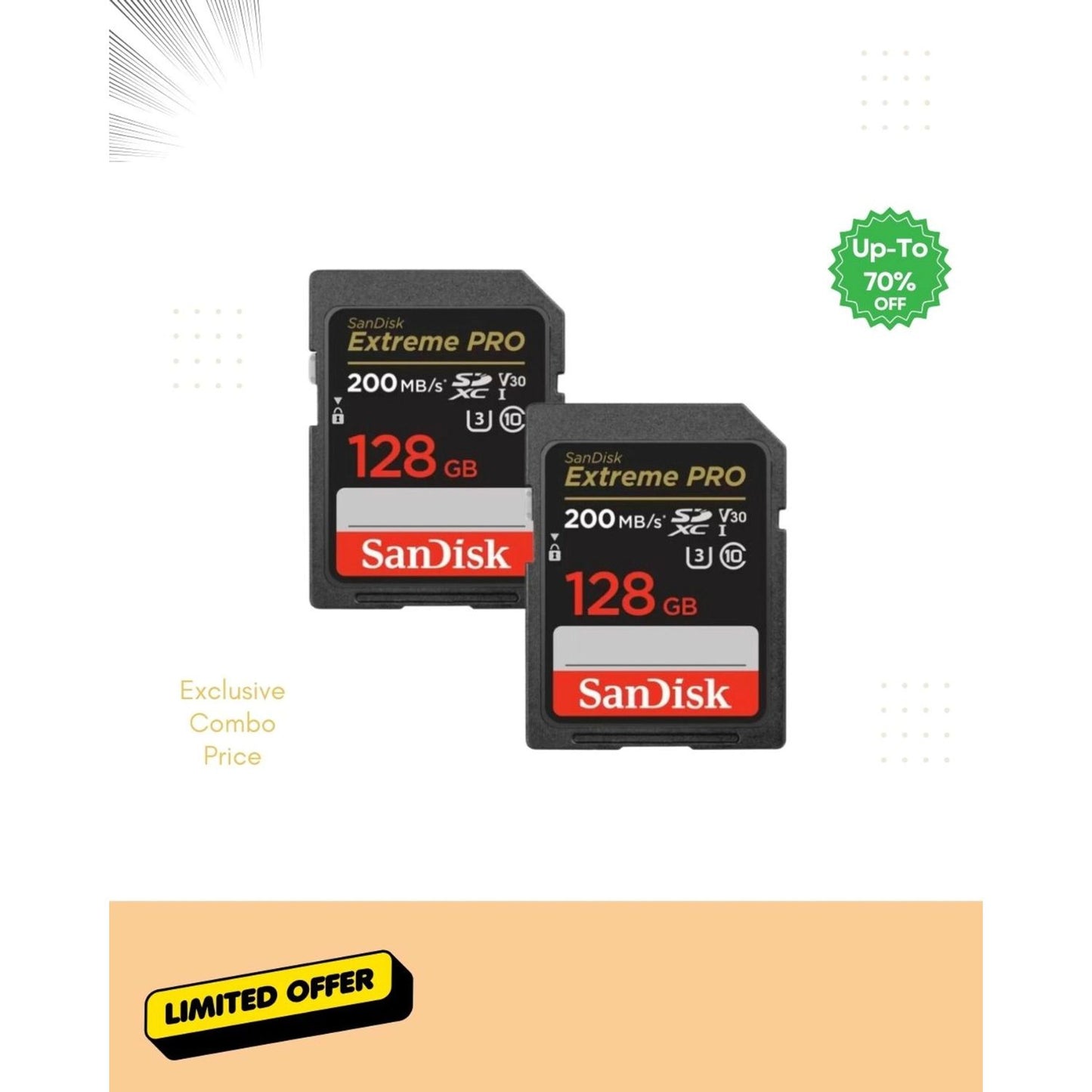 SanDisk Extreme Pro SD card, 128 GB, 200 MB/s, UHS V30 (two cards shown)