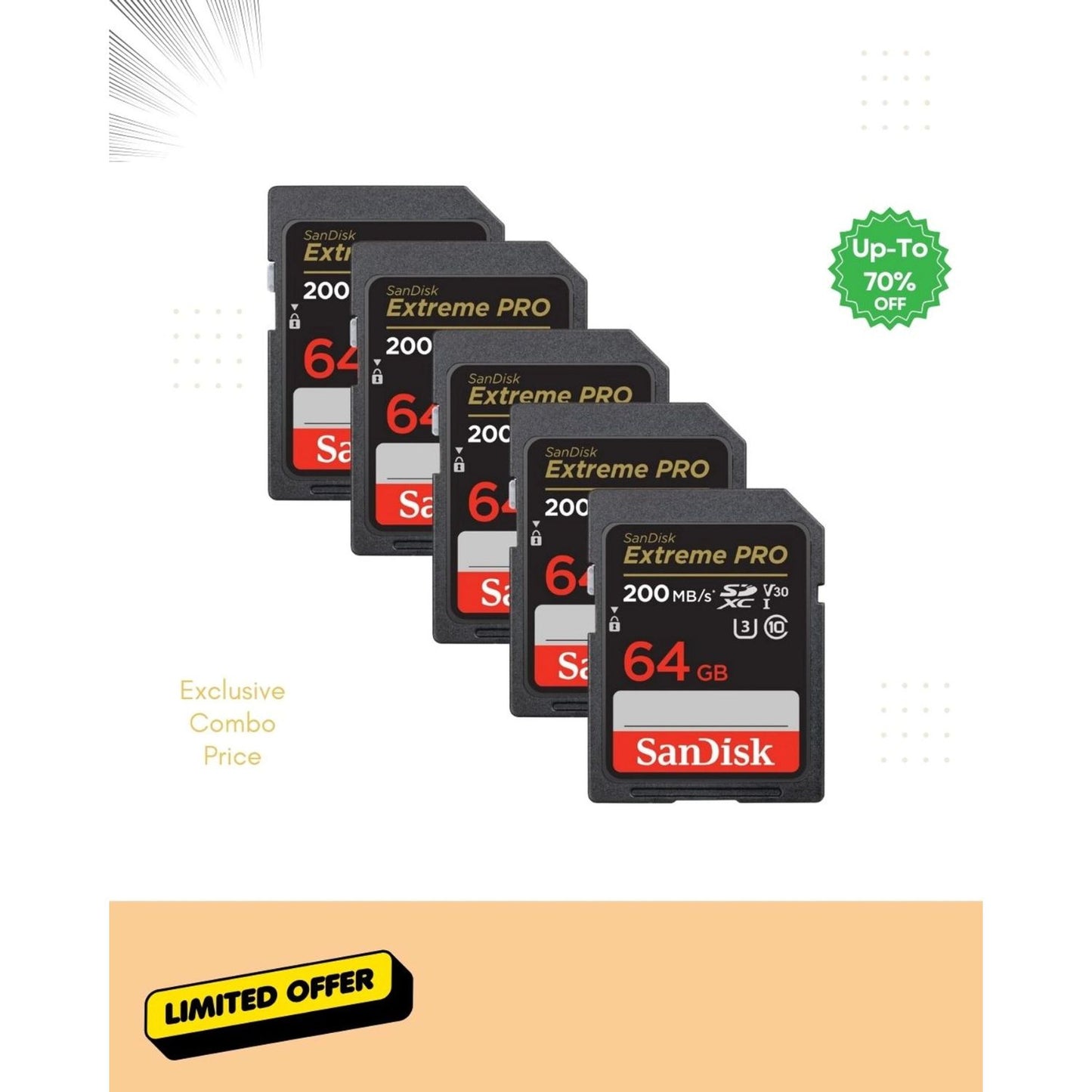 SanDisk Extreme Pro SD card, 64 GB, 200 MB/s, UHS V30 (multiple cards shown)