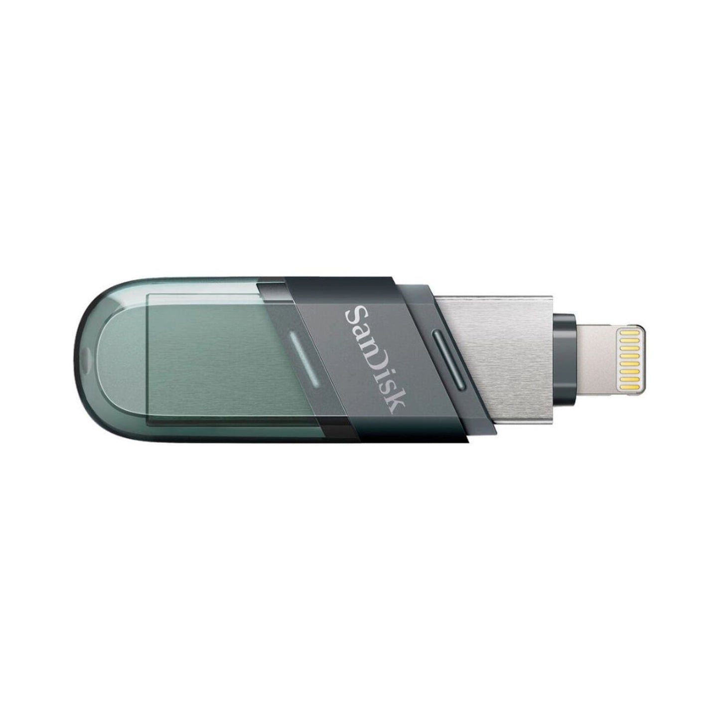 Teal USB flash drive with flip cover closed over the metal connector