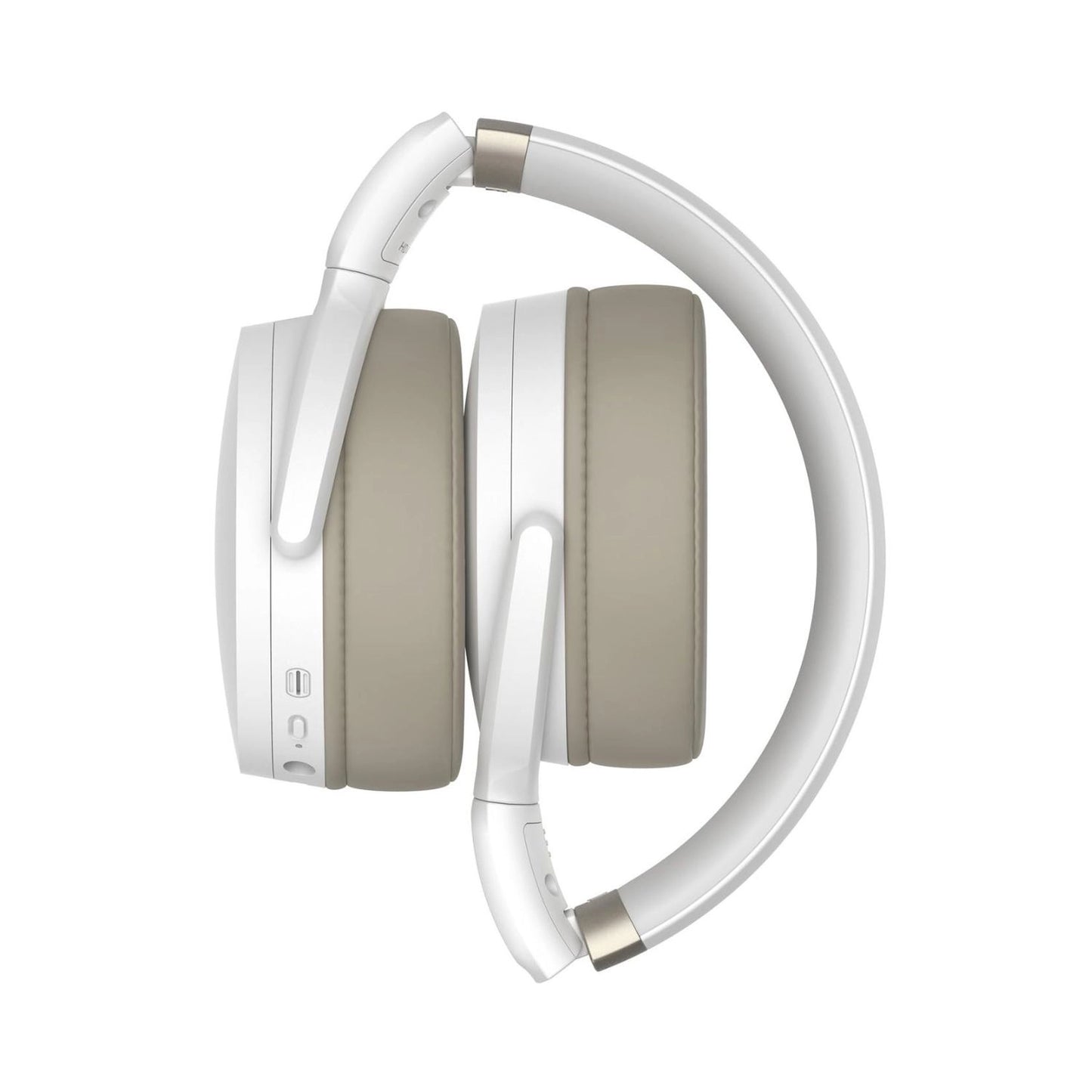 Weiße On-Ear-Bluetooth-Kopfhörer mit seitlichen Bedienelementen und beige Ohrpolstern