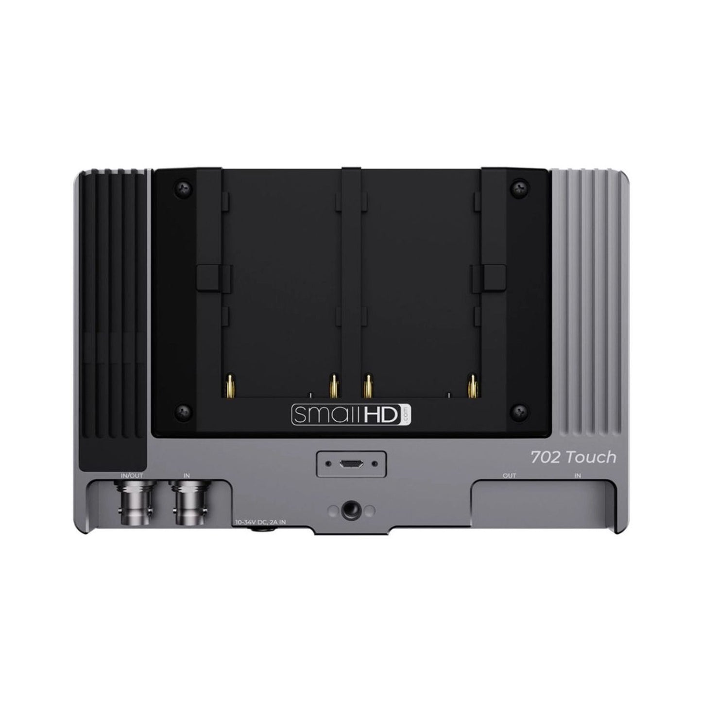 Rückansicht des SmallHD 702 Touch On-Camera Monitors mit Anschlüssen und Lüftung