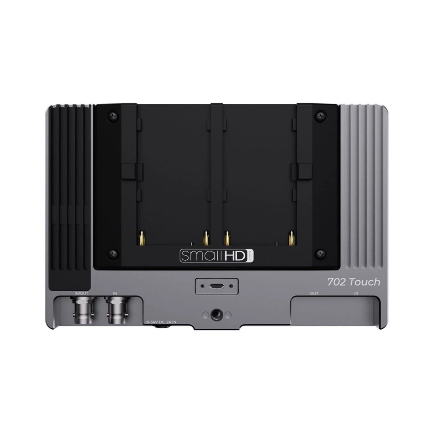 Rückansicht des SmallHD 702 Touch On-Camera Monitors mit Anschlüssen und Lüftung