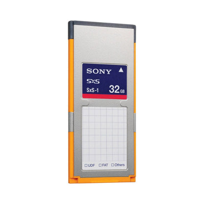 32GB SxS-1 memory card with orange and gray body, Sony label
