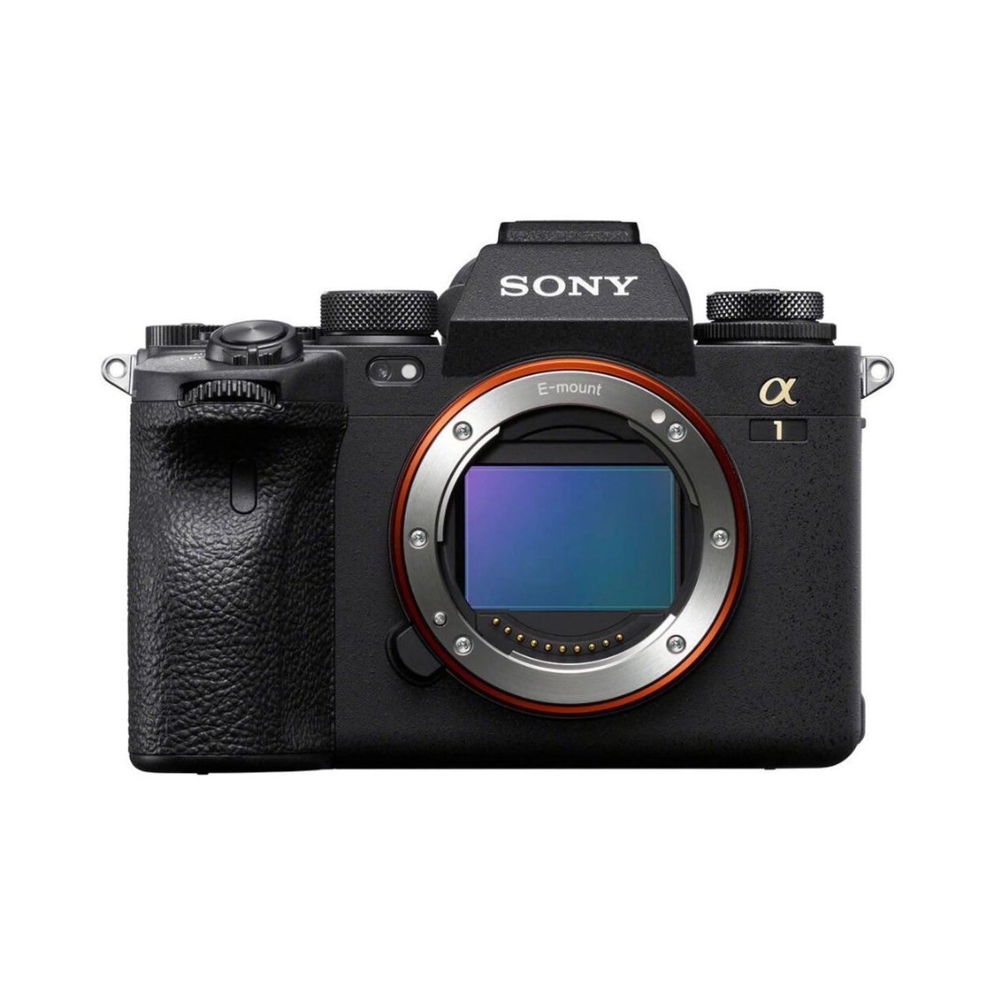 Sony A1 Mirrorless: front view with E-mount lens mount and textured black grip