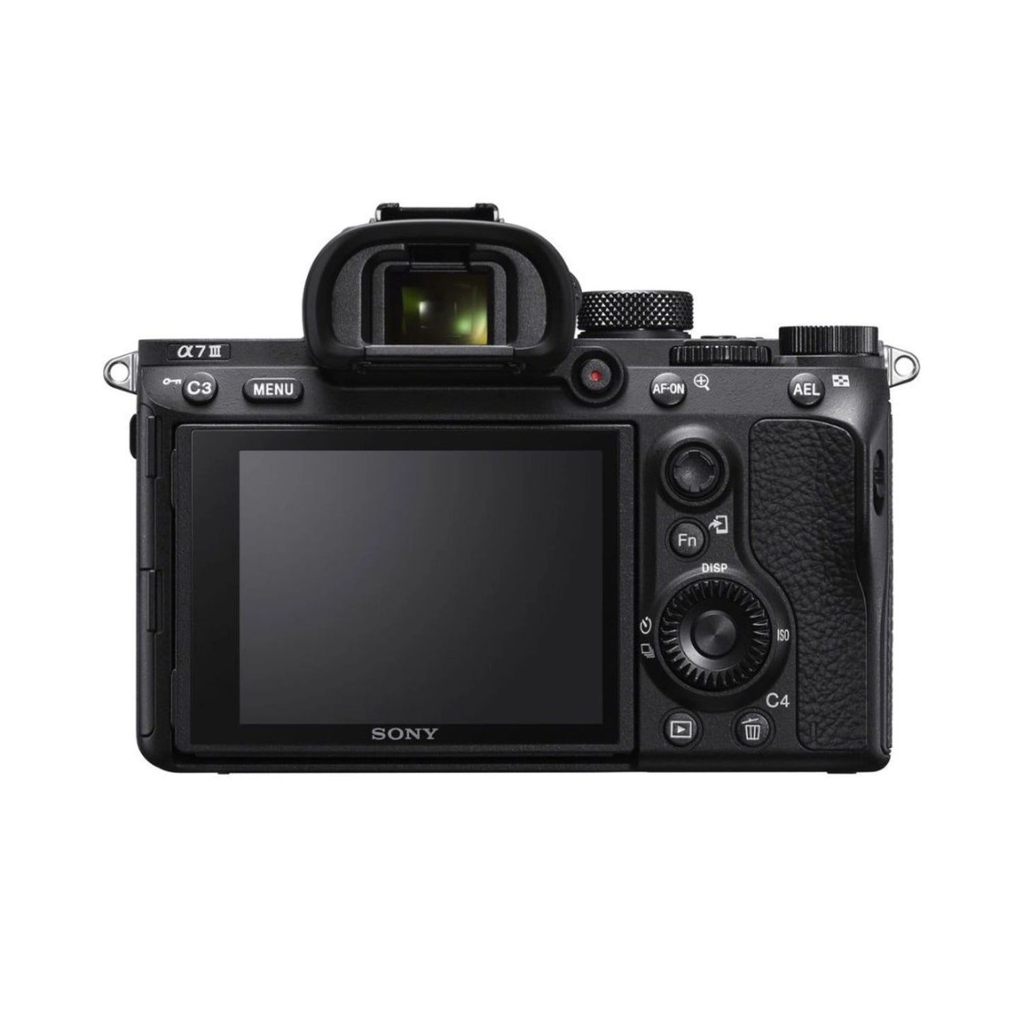 Alpha A7 III mirrorless camera, rear view with LCD screen and control dials