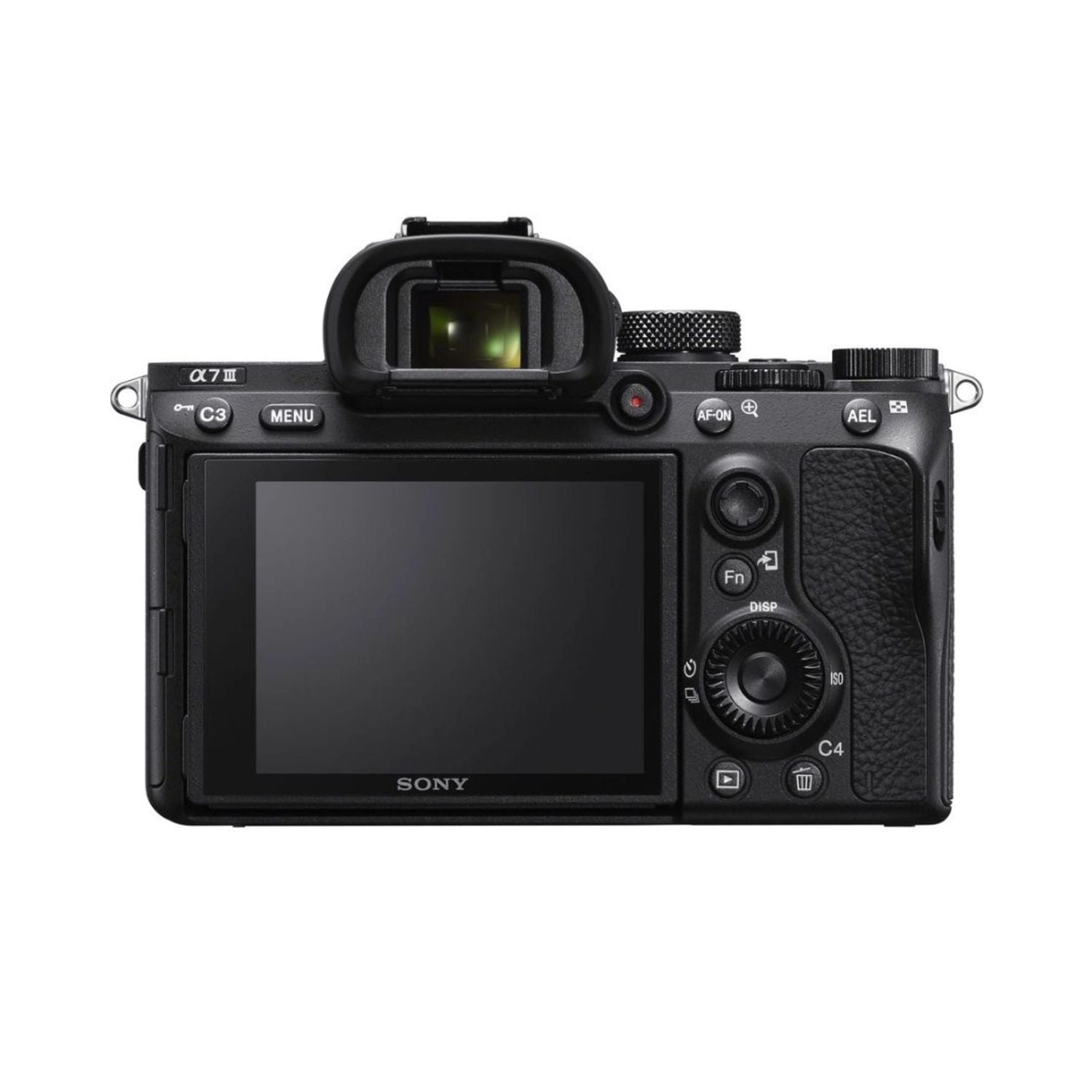 Alpha A7 III mirrorless camera, rear view with LCD screen and control dials