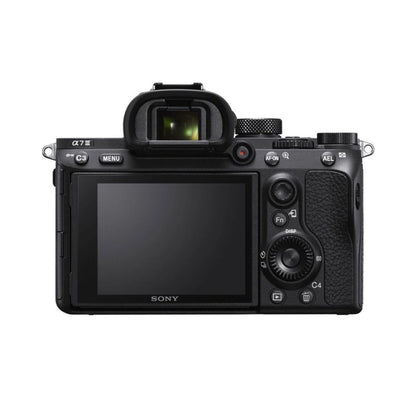 Alpha A7 III mirrorless camera, rear view with LCD screen and control dials