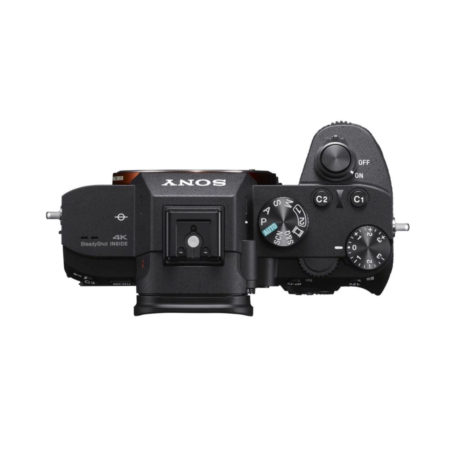Alpha A7 III mirrorless camera, top view with mode dial and function buttons