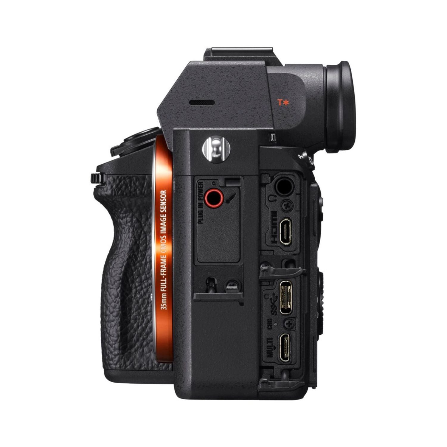 Alpha A7 III mirrorless camera, side view showing ports and connection openings