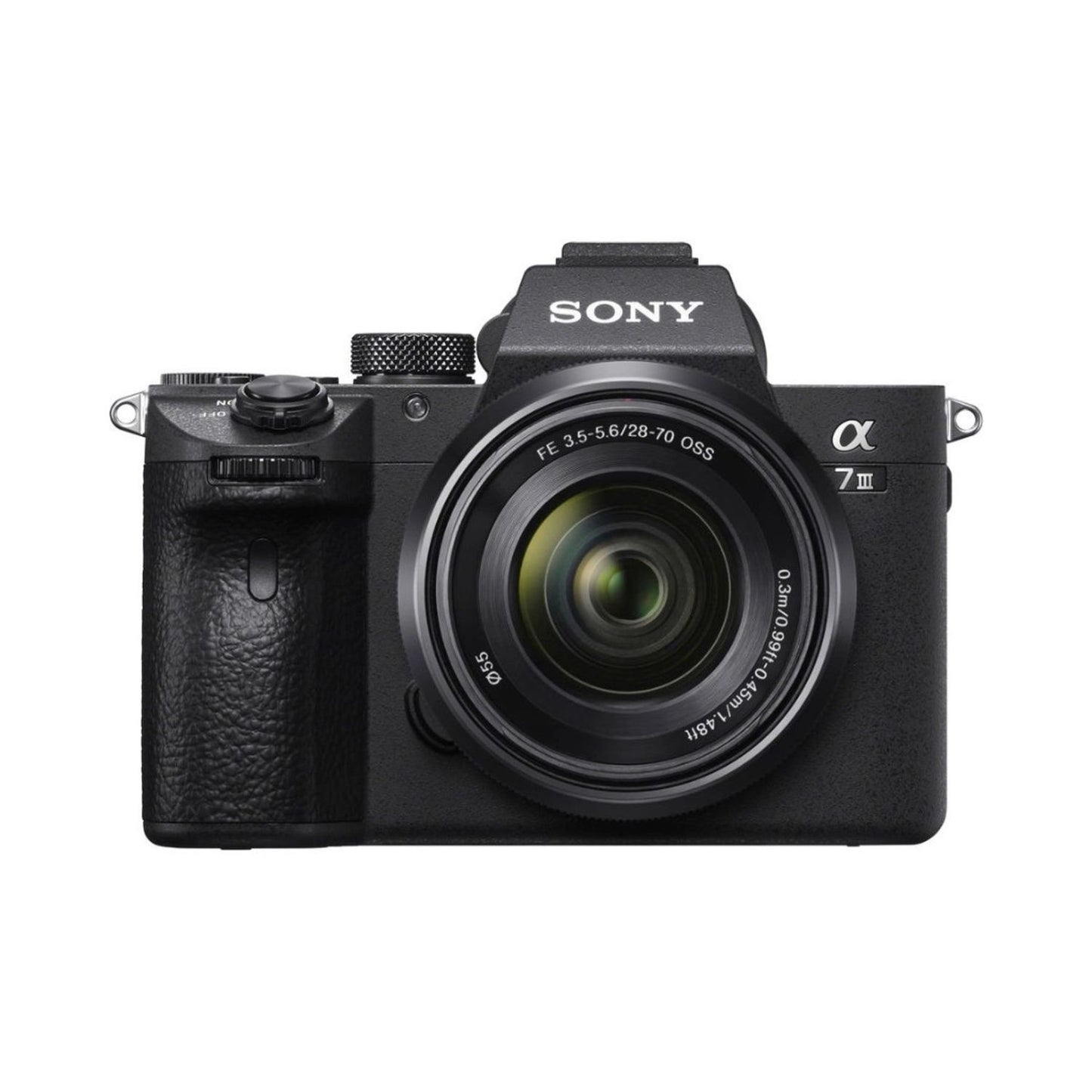Alpha A7III mirrorless camera with 28-70mm lens, front view, black body