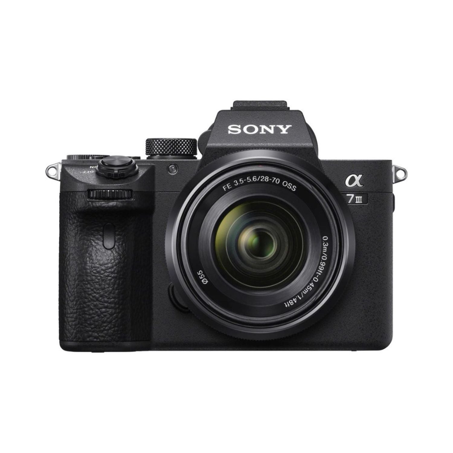 Alpha A7III mirrorless camera with 28-70mm lens, front view, black body