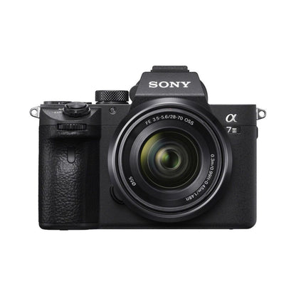 Alpha A7III mirrorless camera with 28-70mm lens, front view, black body