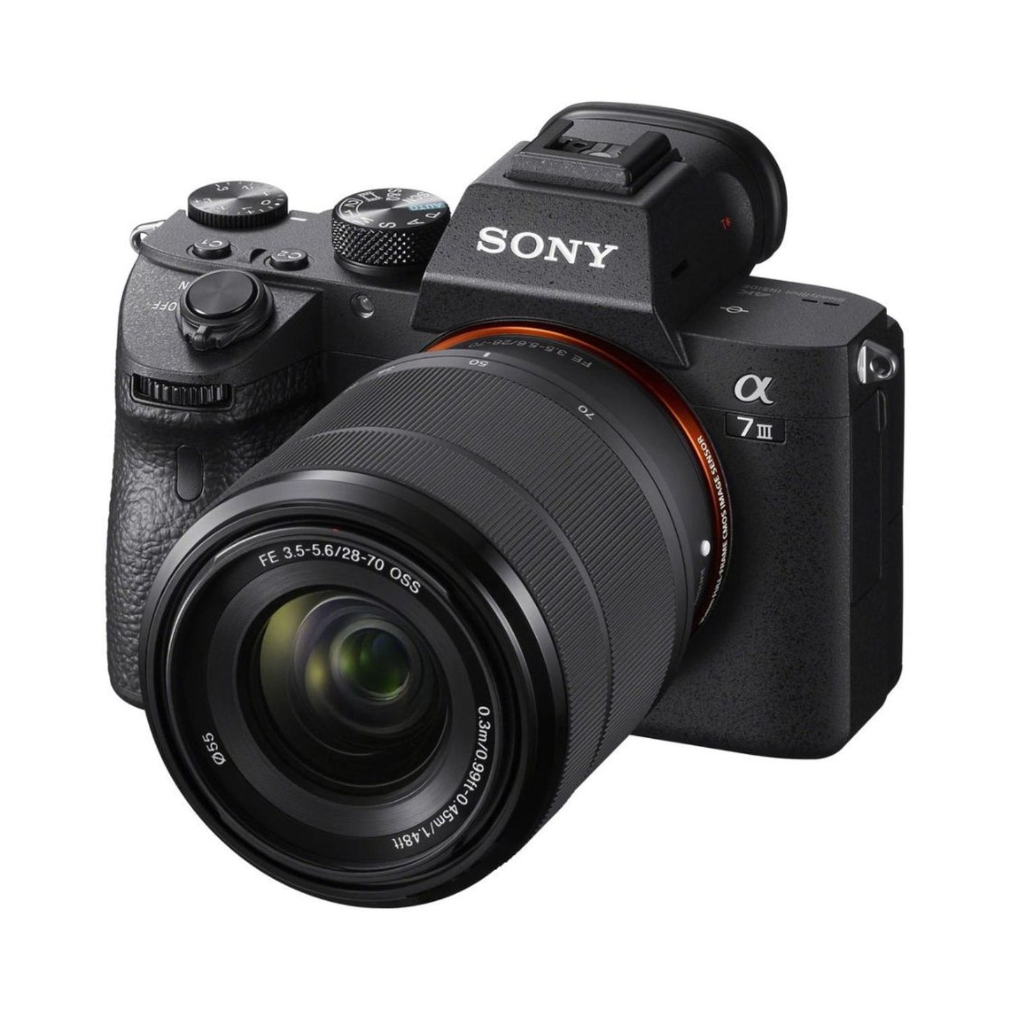 Alpha A7III mirrorless camera with 28-70mm lens, side view, textured grip and controls