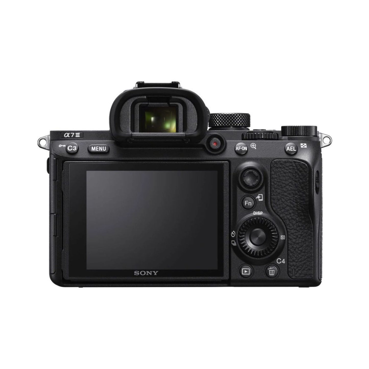 Alpha A7III mirrorless camera with 28-70mm lens, rear view, LCD screen visible
