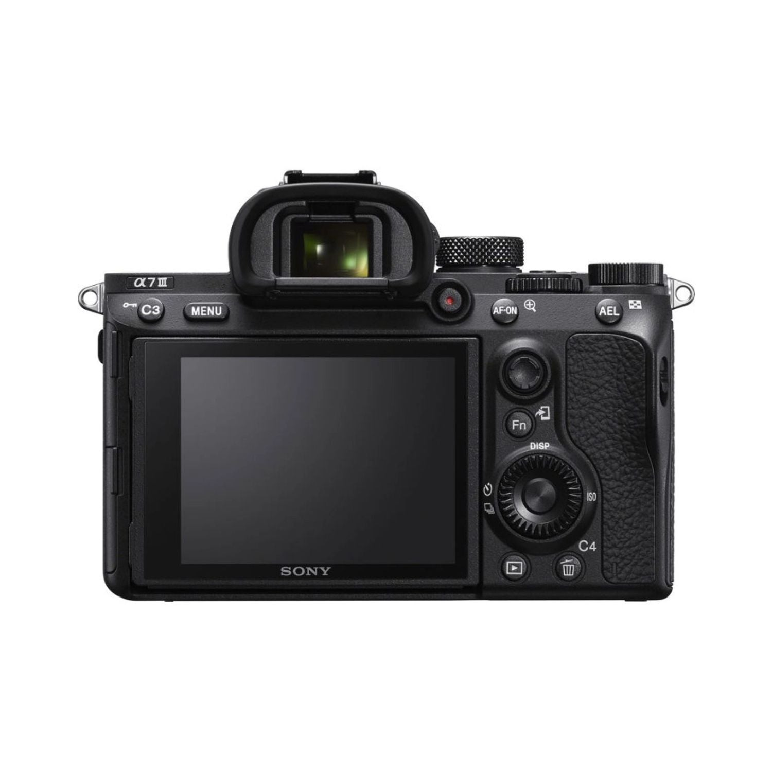 Alpha A7III mirrorless camera with 28-70mm lens, rear view, LCD screen visible