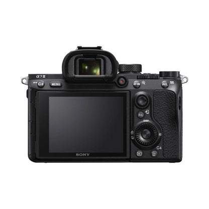 Alpha A7III mirrorless camera with 28-70mm lens, rear view, LCD screen visible