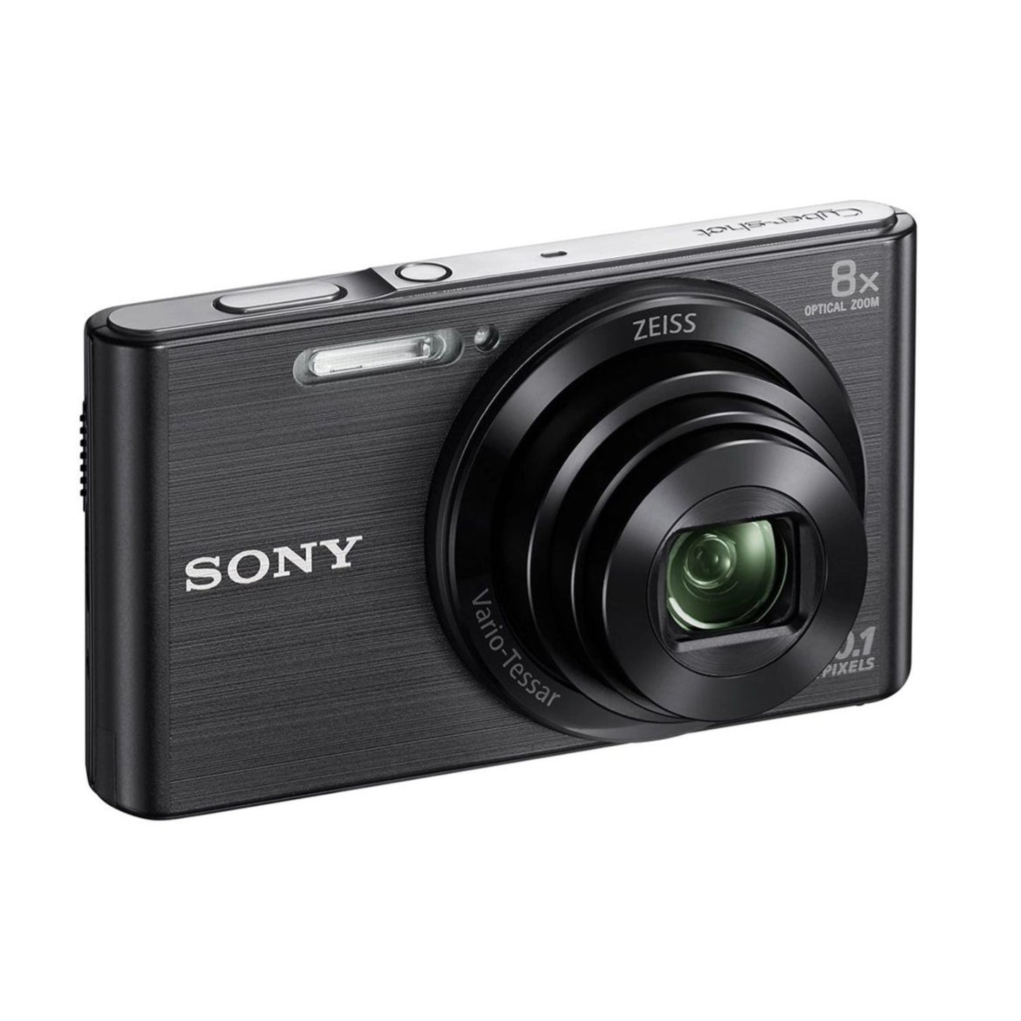 Compact camera front view, Zeiss-branded lens, 8x optical zoom, dark finish