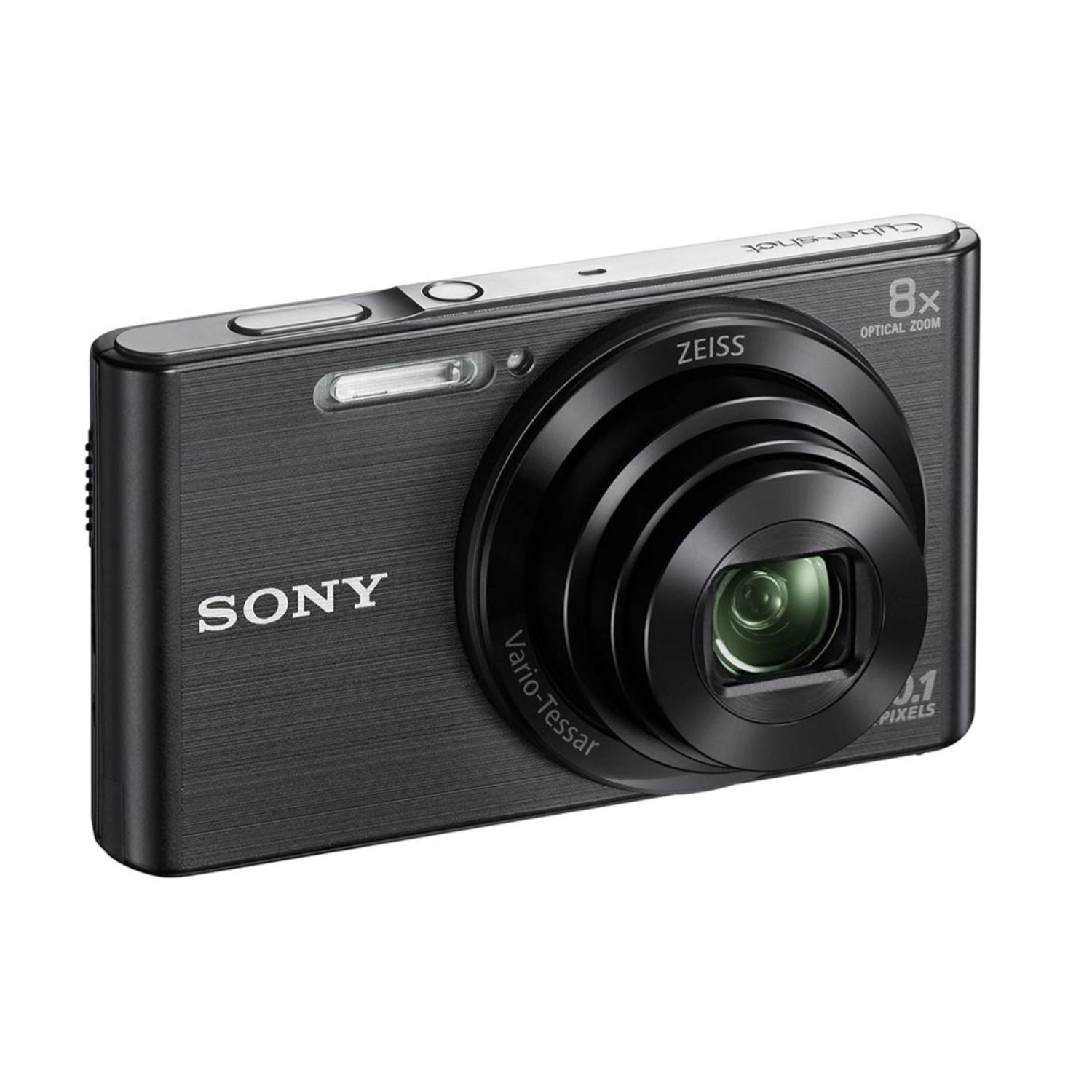 Compact camera front view, Zeiss-branded lens, 8x optical zoom, dark finish