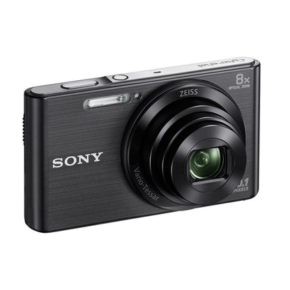 Compact camera front view, Zeiss-branded lens, 8x optical zoom, dark finish