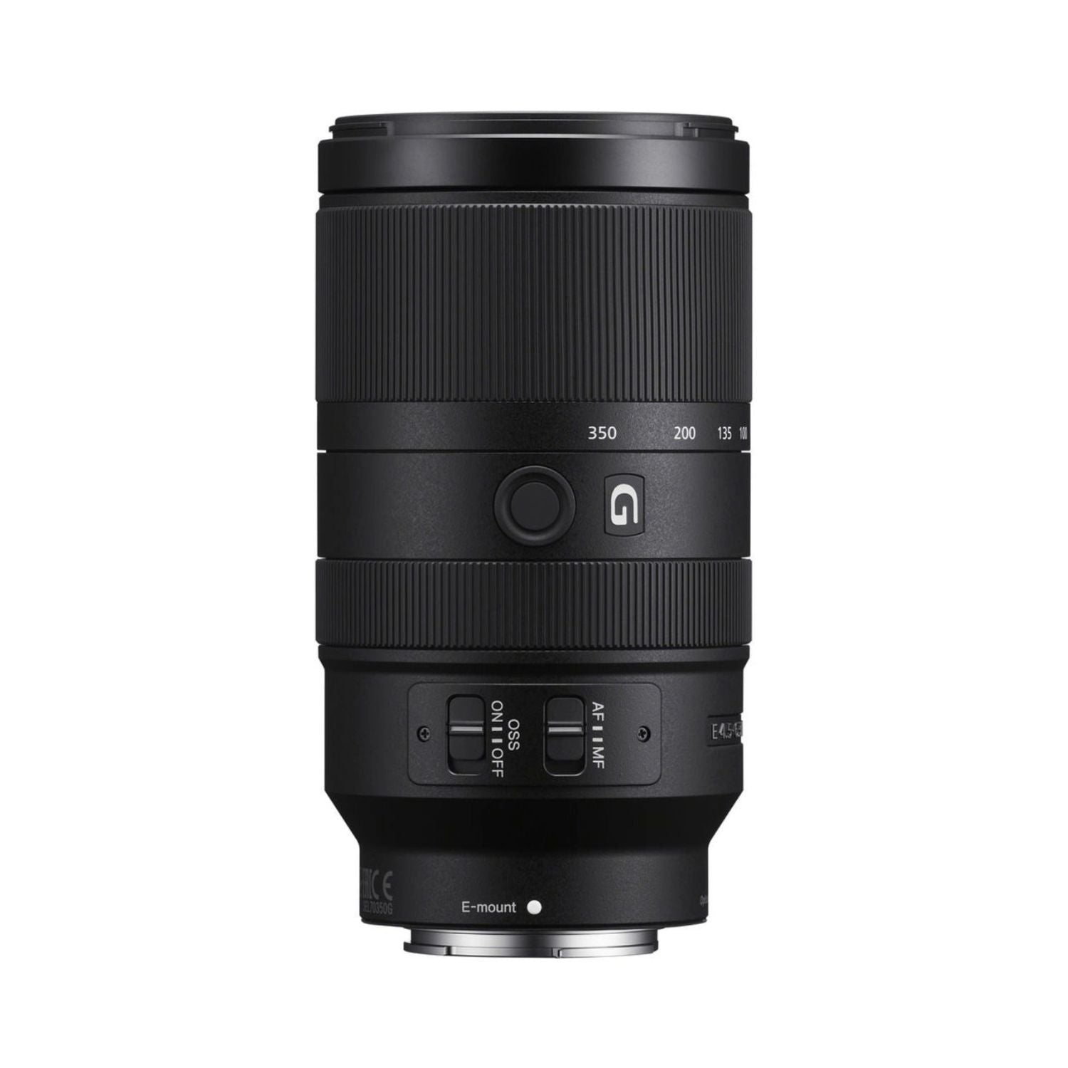 70-350mm G OSS telephoto lens front view with control panel and E-mount