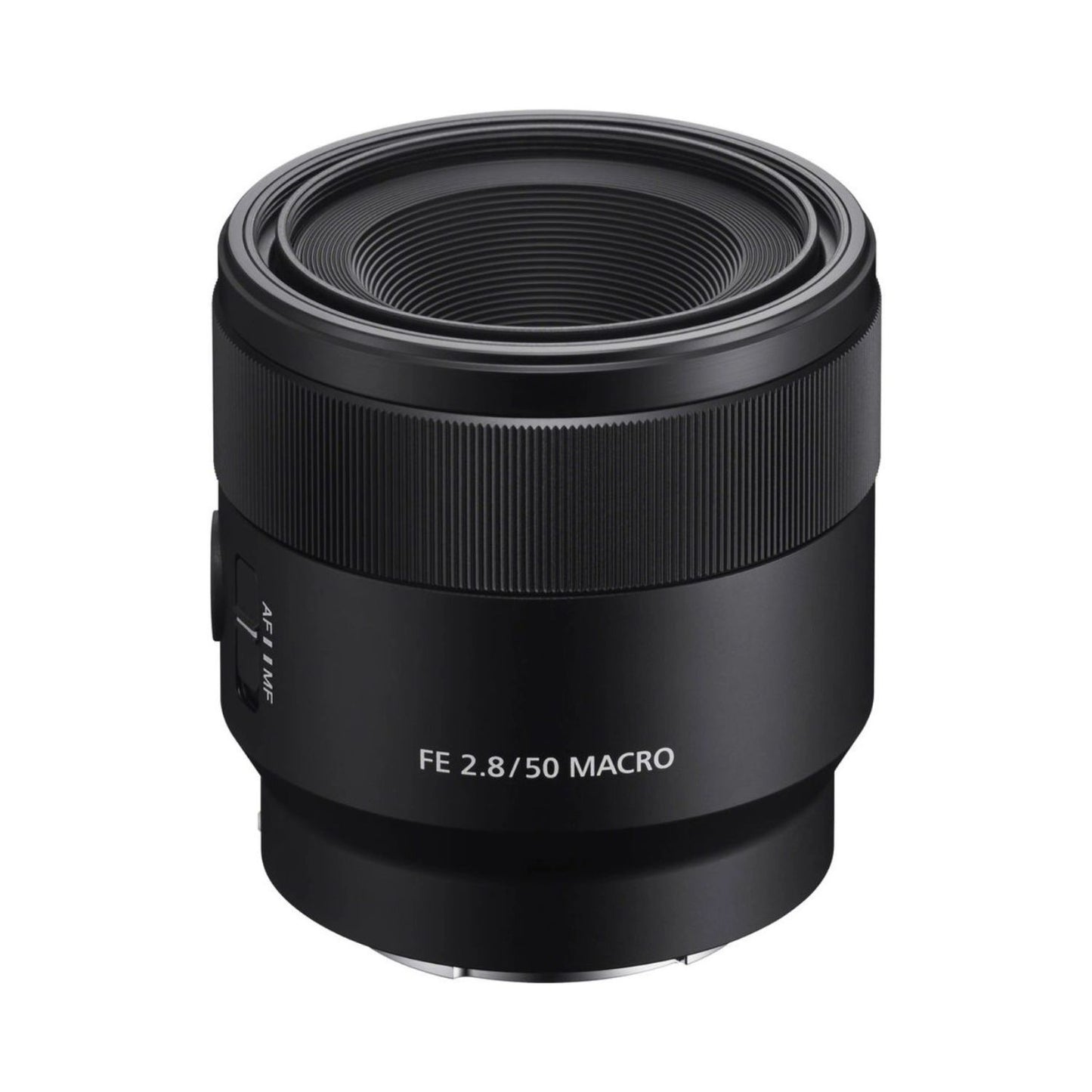 FE 50mm f/2.8 Macro lens in black, front barrel with ridged focus ring