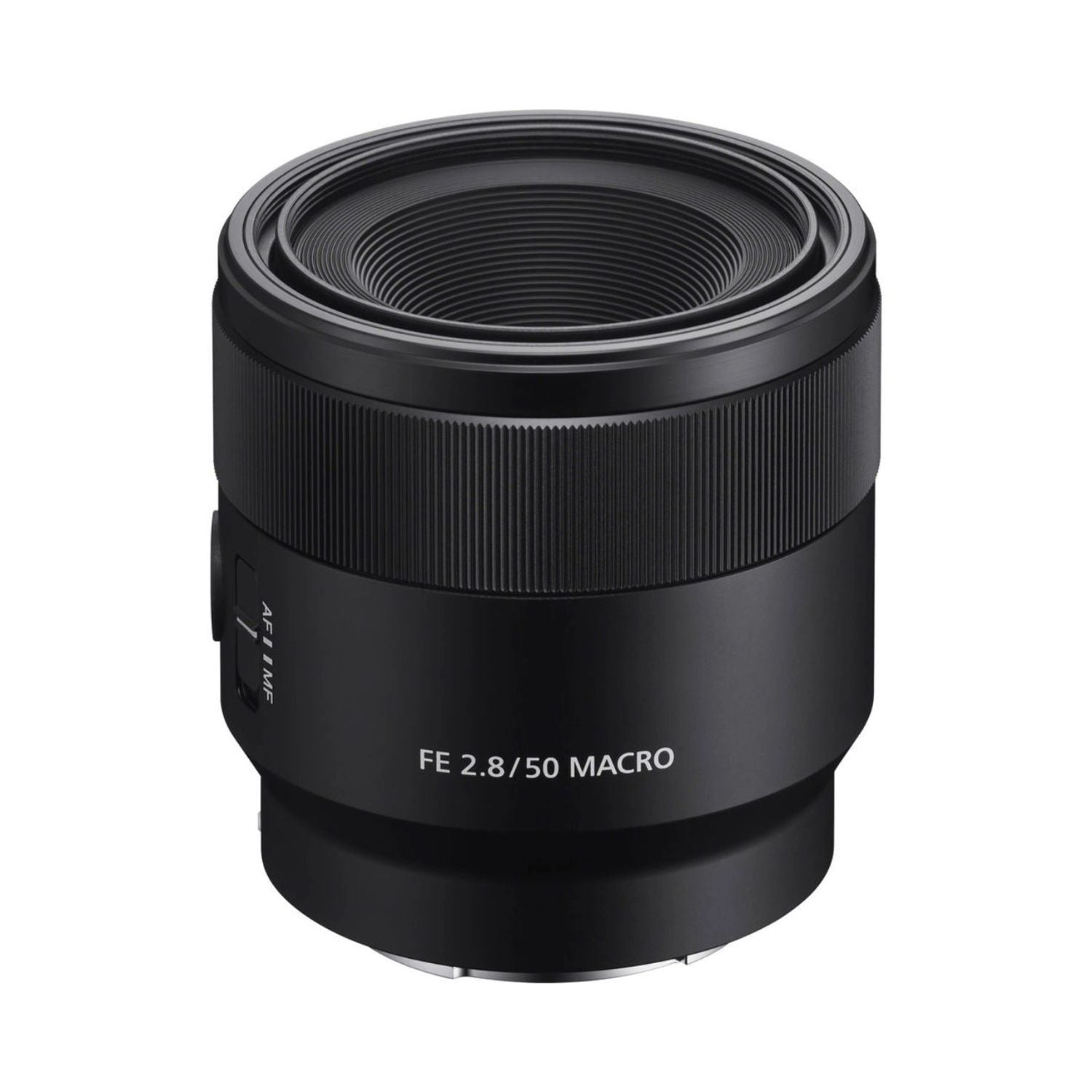 FE 50mm f/2.8 Macro lens in black, front barrel with ridged focus ring