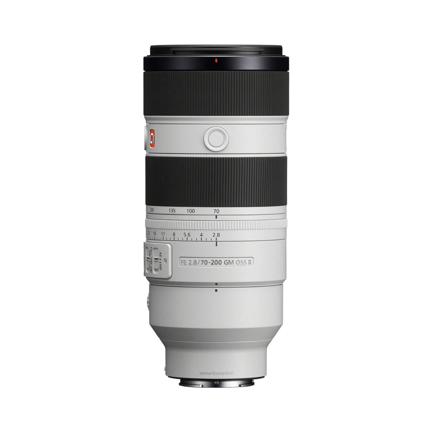 70-200mm f/2.8 GM OSS II lens, black and silver with ribbed zoom barrel