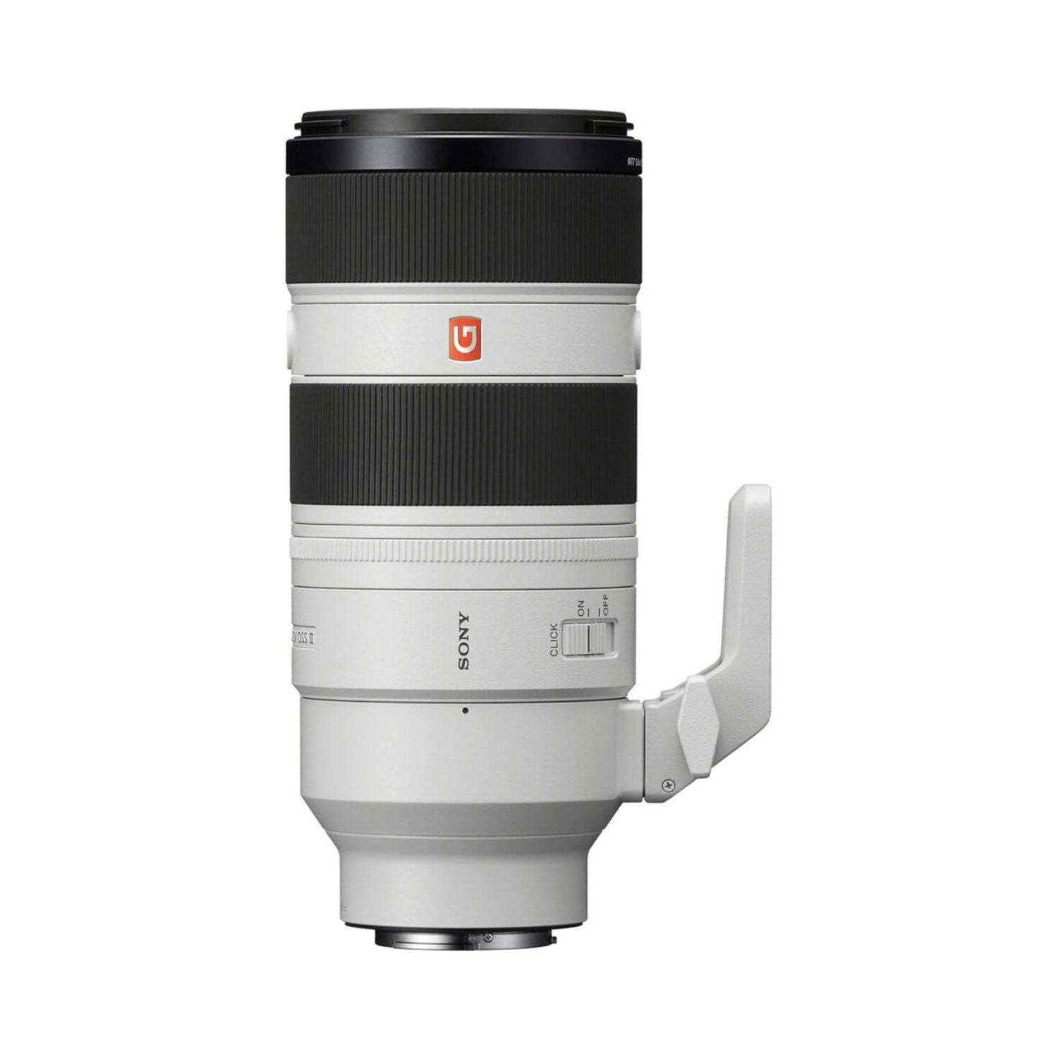 70-200mm f/2.8 GM OSS II lens, angled view with side grip and focus markings