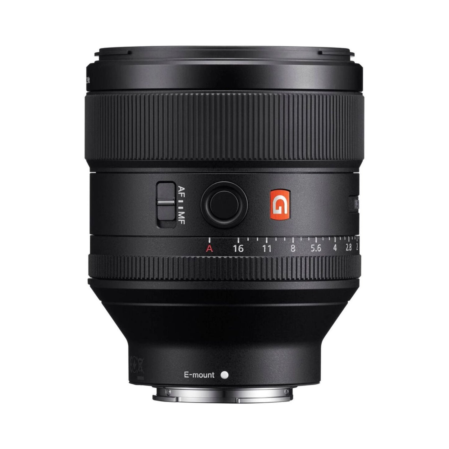 FE 85mm f/1.4 GM lens, side view with AF/MF slider and aperture scale