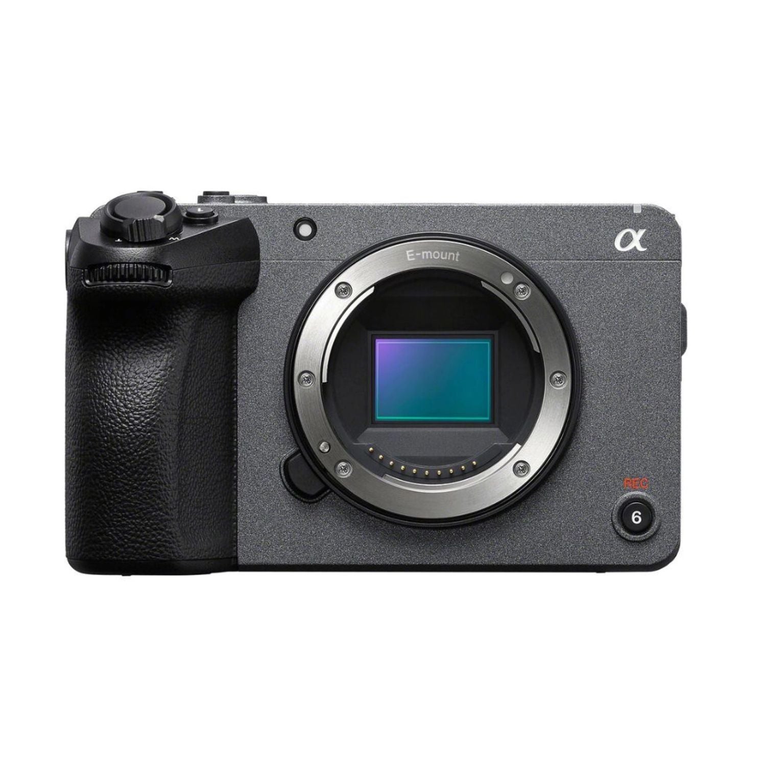 Sony FX30 Digital Cinema Camera – Front mit E-mount Bajonett und geöffneter Sensorfläche