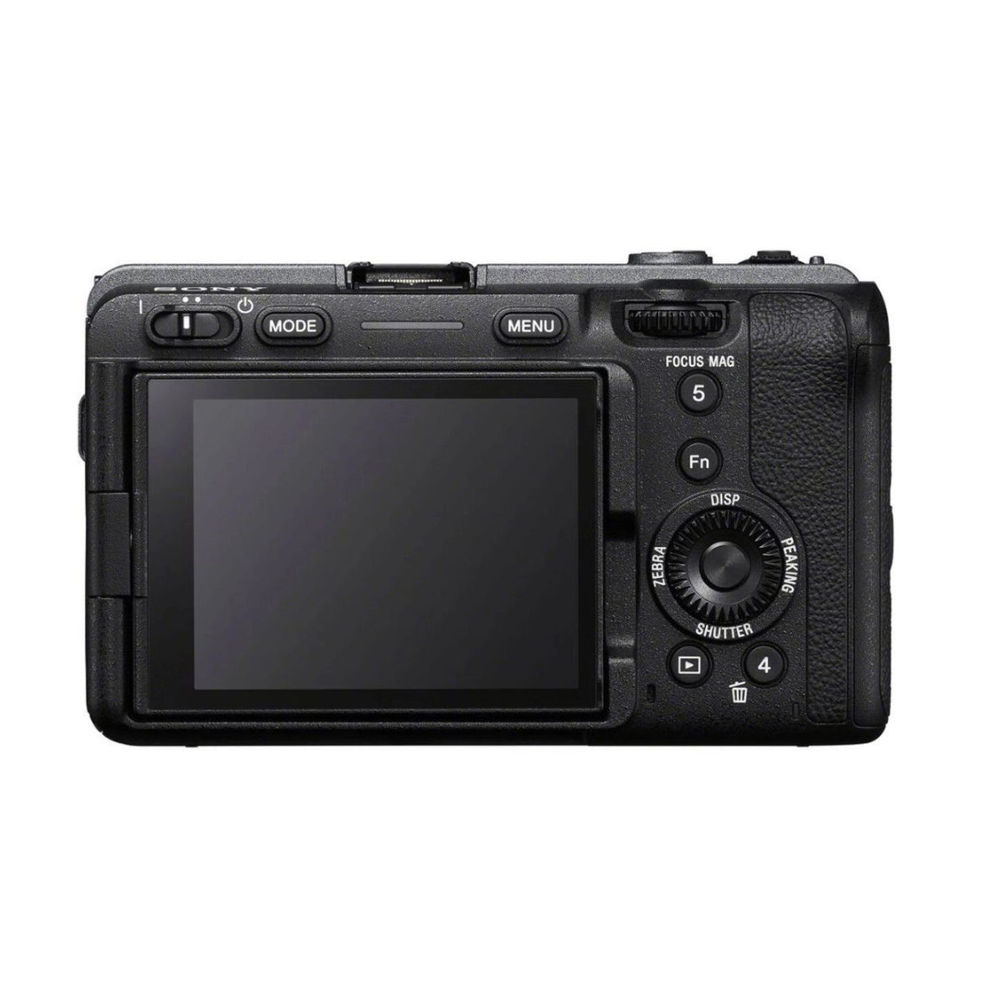 Sony FX30 Digital Cinema Camera – Rückseite mit LCD-Display und Modus-/Menübedienung
