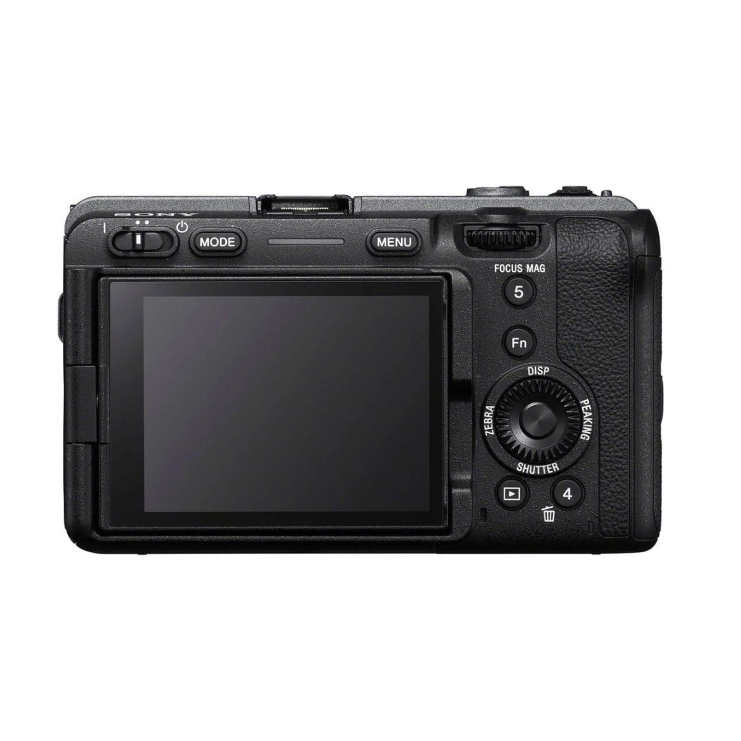 Sony FX30 Digital Cinema Camera – Rückseite mit LCD-Display und Modus-/Menübedienung