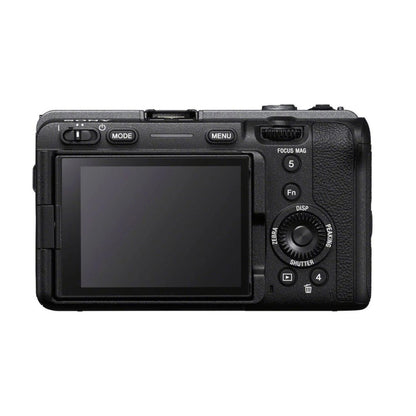 Sony FX30 Digital Cinema Camera – Rückseite mit LCD-Display und Modus-/Menübedienung